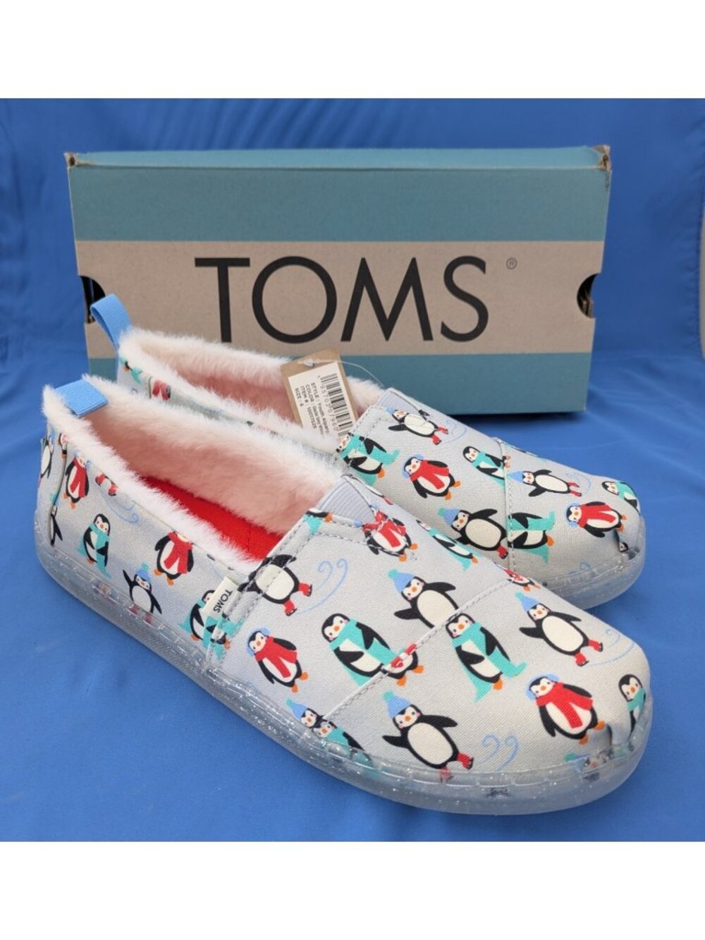 TOMS Alpargata Glacier Grey Winter Penguins Faux Fur Slip On Youth Size 6 New